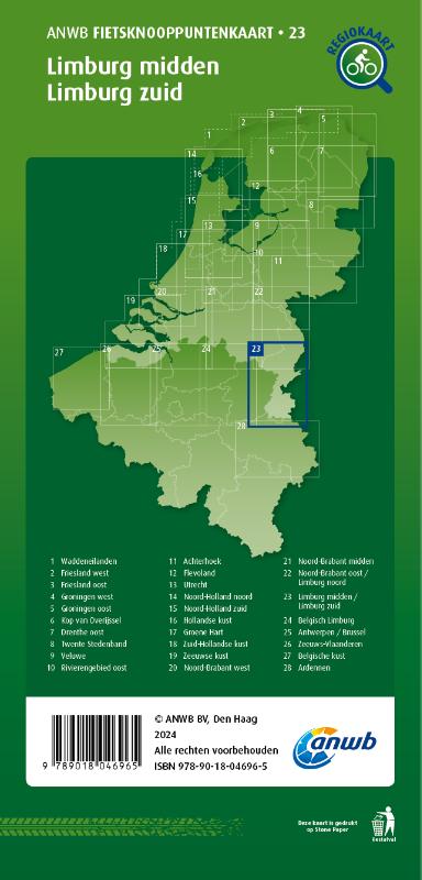 Achterkant van Fietsknooppuntenkaart Limburg midden, Limburg zuid 1:100.000