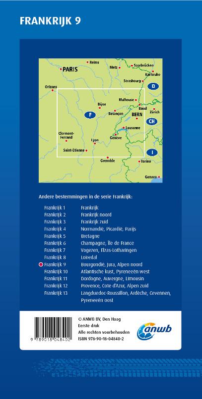 Achterkant van ANWB Wegenkaart Frankrijk 9. Bourgondie/Jura/Alpen-Noord