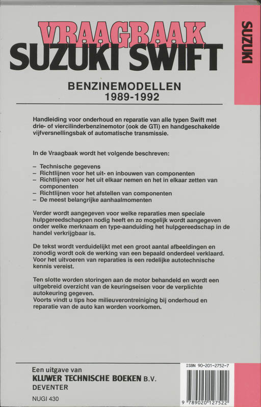 Achterkant van Vraagbaak Suzuki Swift