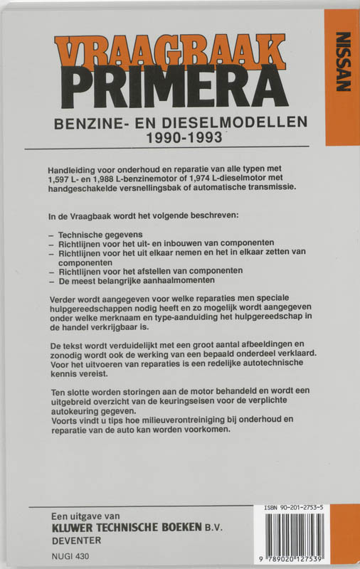 Achterkant van Vraagbaak Nissan Primera