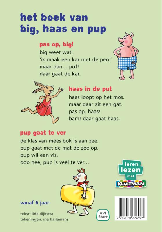 Achterkant van het boek van big, haas en pup