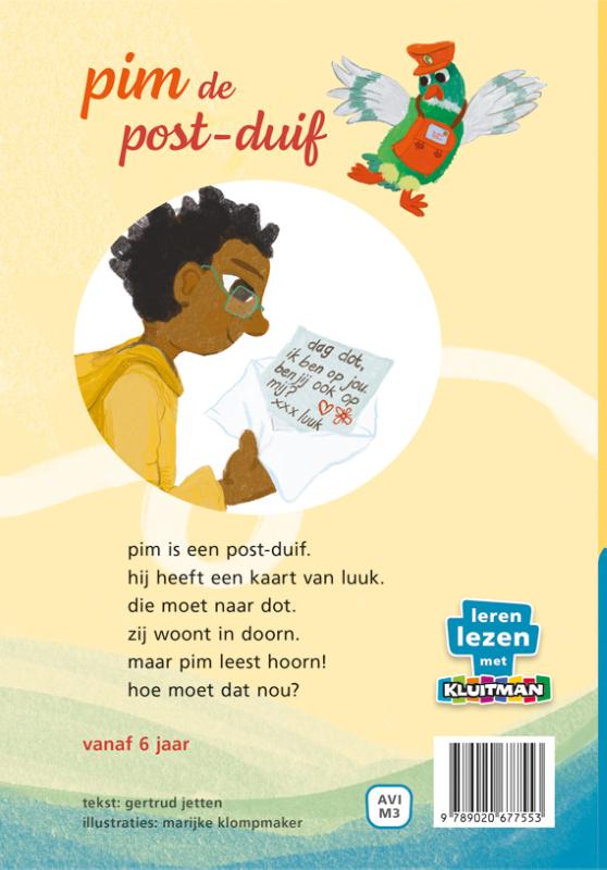 Achterkant van pim de postduif