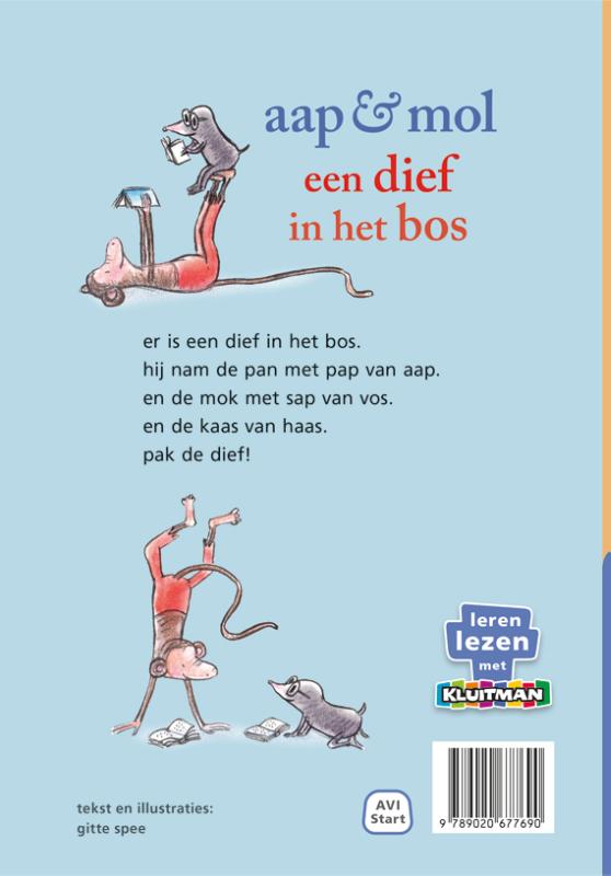 Achterkant van aap & mol. een dief in het bos