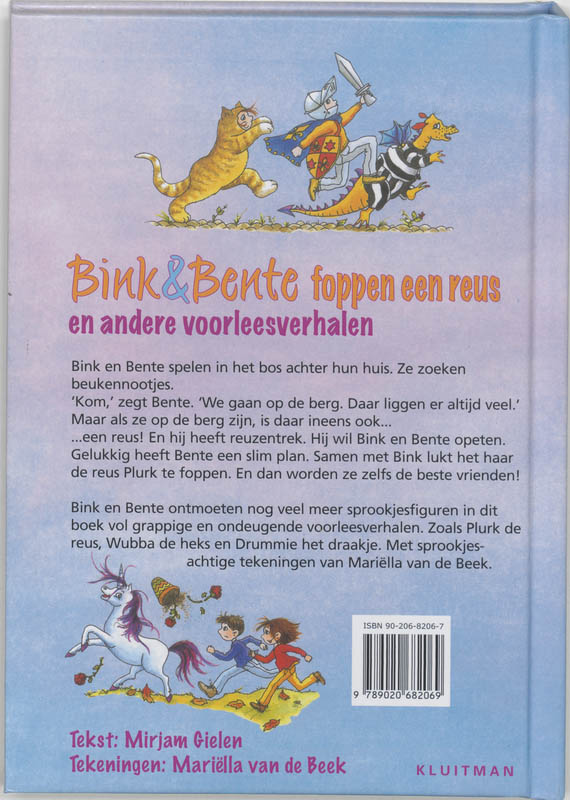Achterkant van Bink en Bente foppen een reus