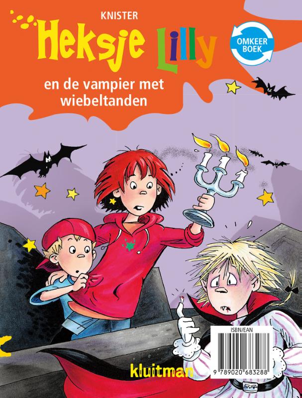 Achterkant van Heksje Lilly omkeerboek. De vampier met wiebeltanden/De wensenfles