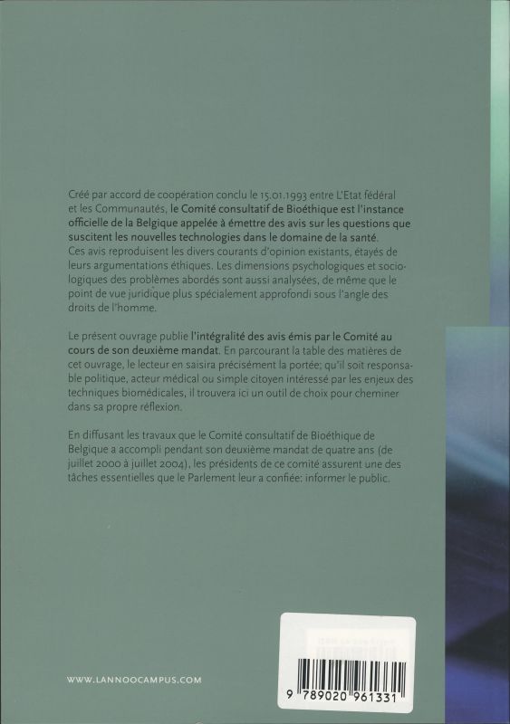Achterkant van comite consultatif de bioethique de Belgique les avis 2000-2004