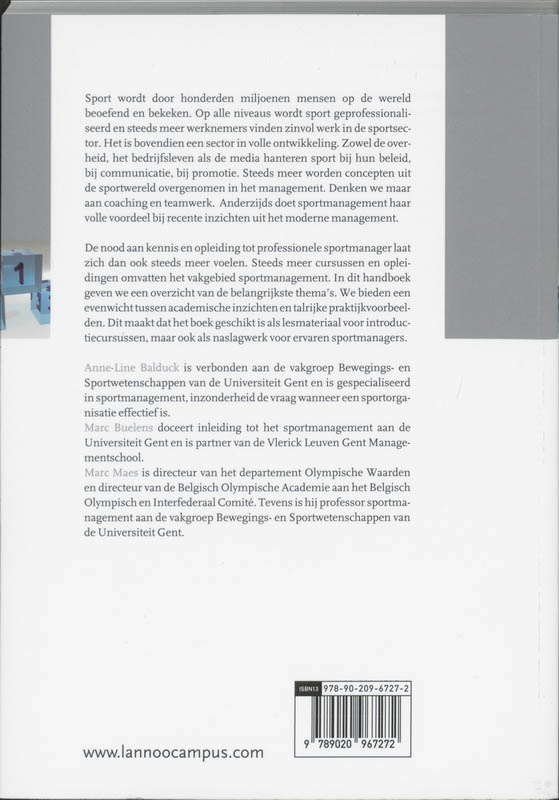 Achterkant van Handboek sportmanagement