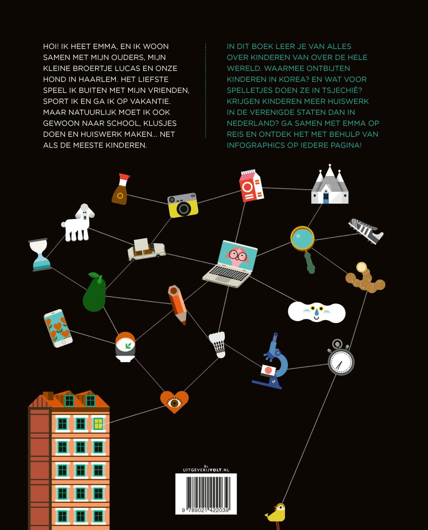 Achterkant van Reis om de wereld in infographics