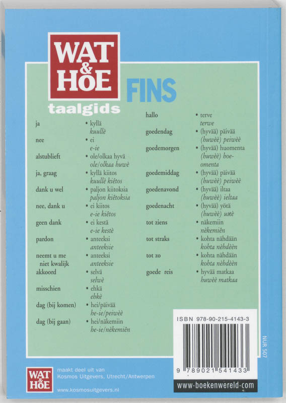Achterkant van Wat & Hoe taalgids Fins