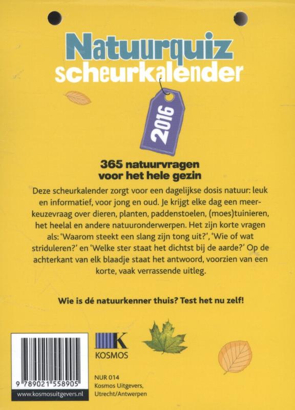 Achterkant van Natuurquiz scheurkalender 2016