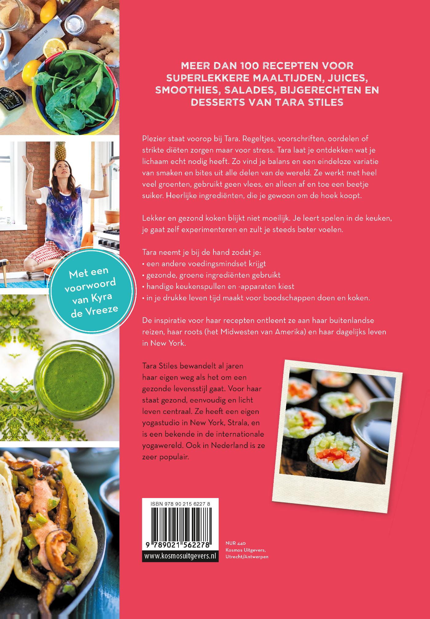 Achterkant van Tara Stiles' kookboek