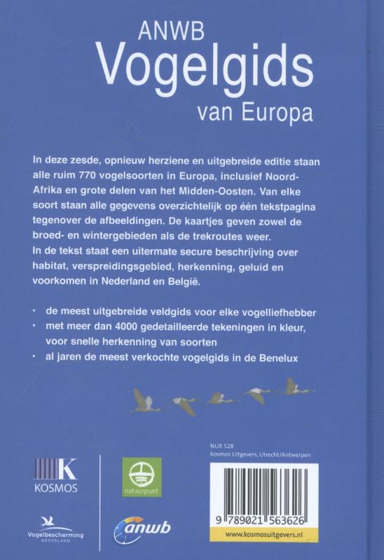 Achterkant van ANWB vogelgids van Europa