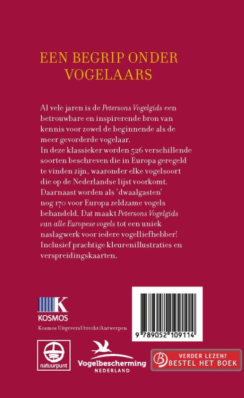 Achterkant van Petersons vogelgids van alle Europese vogels