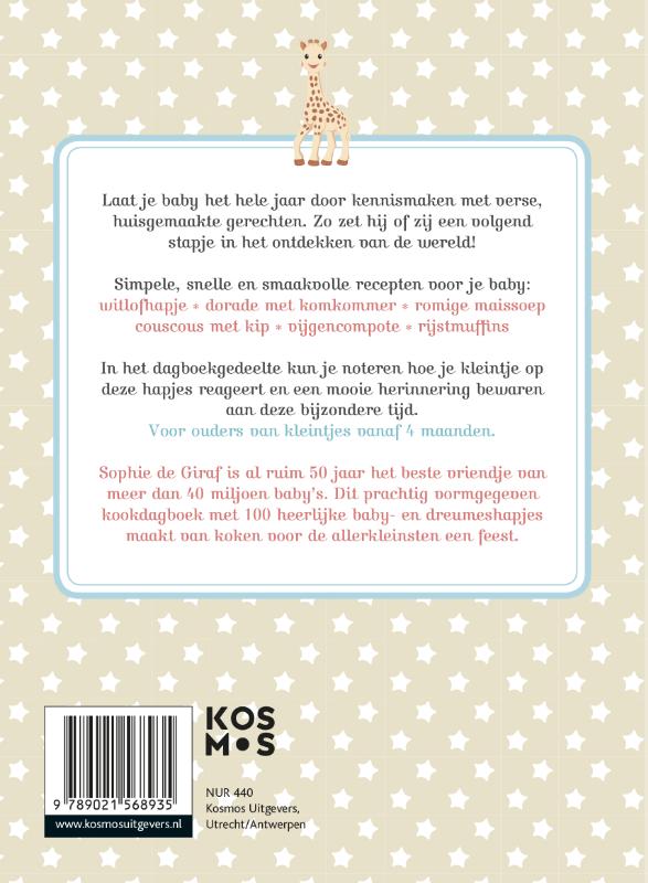 Achterkant van Mijn babyrecepten met Sophie de giraf