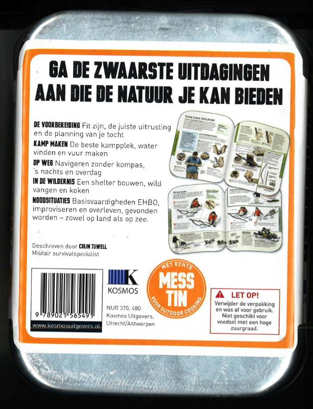Achterkant van Het Survival Handboek & Mess Tin