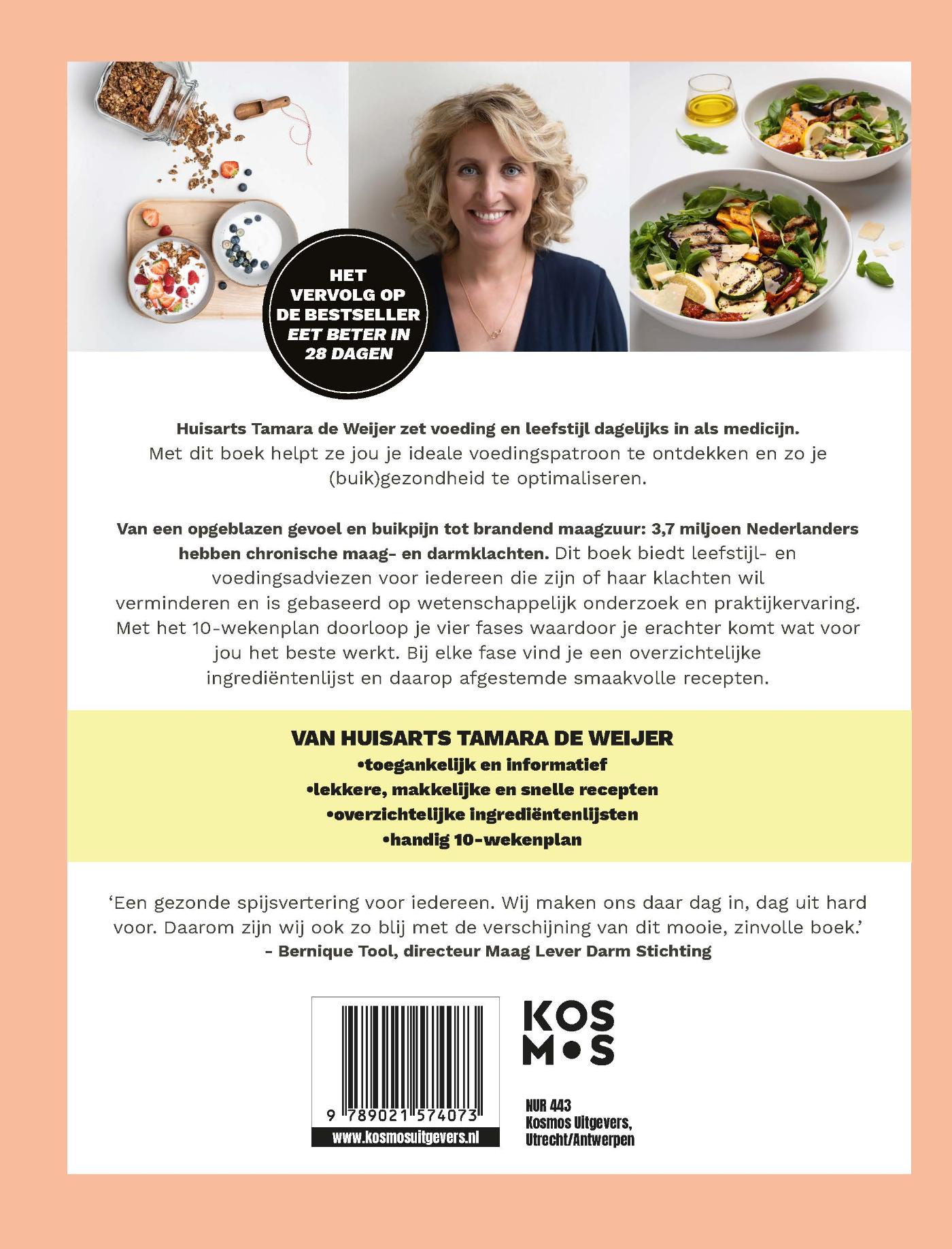 Achterkant van Eet beter voor je maag en darmen met huisarts Tamara de Weijer