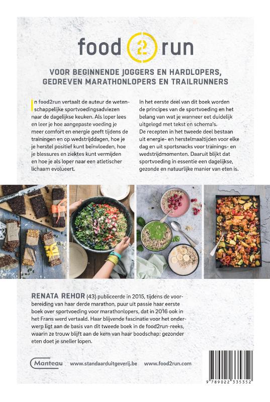 Achterkant van Food2run voor beginnende joggers en hardlopers, gedreven marathonlopers en trailrunners