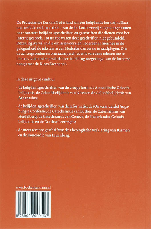 Achterkant van Belijdenisgeschriften voor de Protestantse Kerk in Nederland
