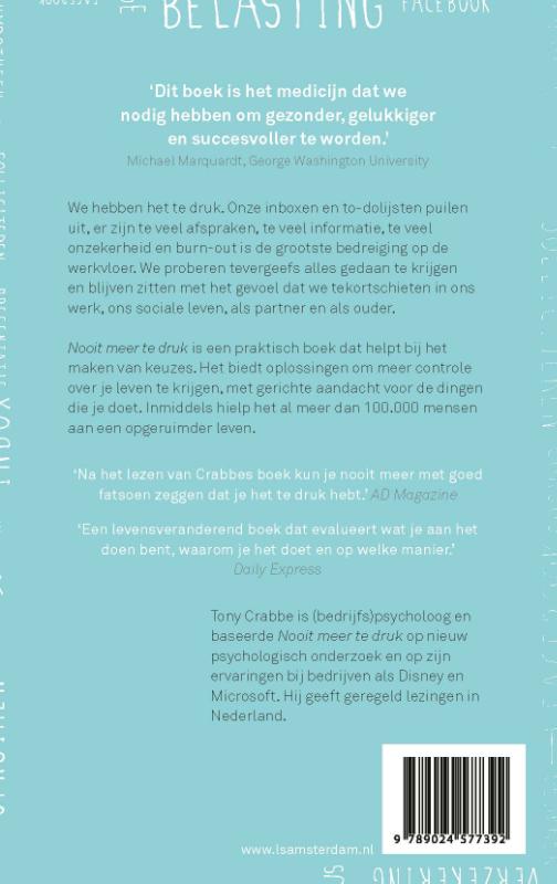 Achterkant van Nooit meer te druk