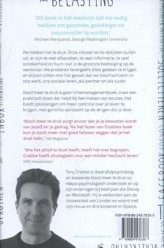 Achterkant van Nooit meer te druk
