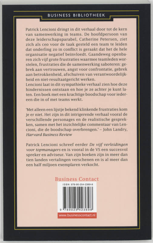 Achterkant van De vijf frustraties van teamwork