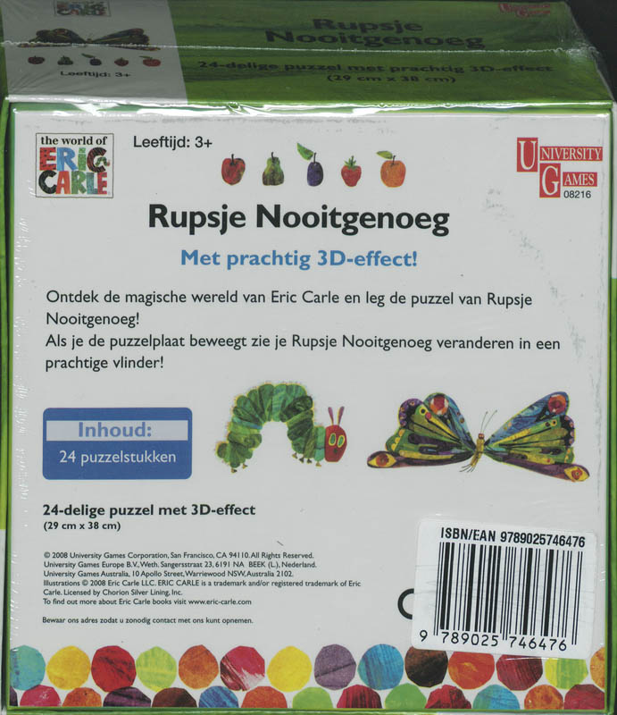 Achterkant van Rupsje Nooitgenoeg Hologrampuzzel