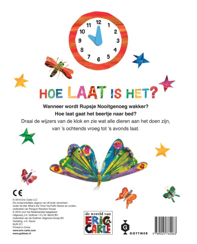 Achterkant van Rupsje Nooitgenoeg, hoe laat is het?