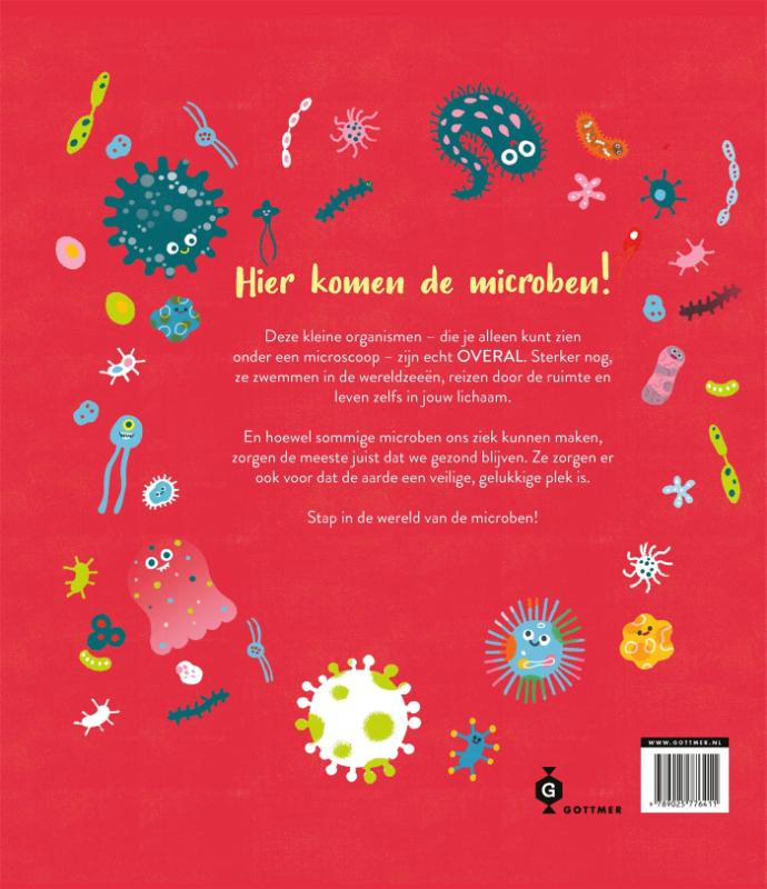 Achterkant van Hier komen de microben!