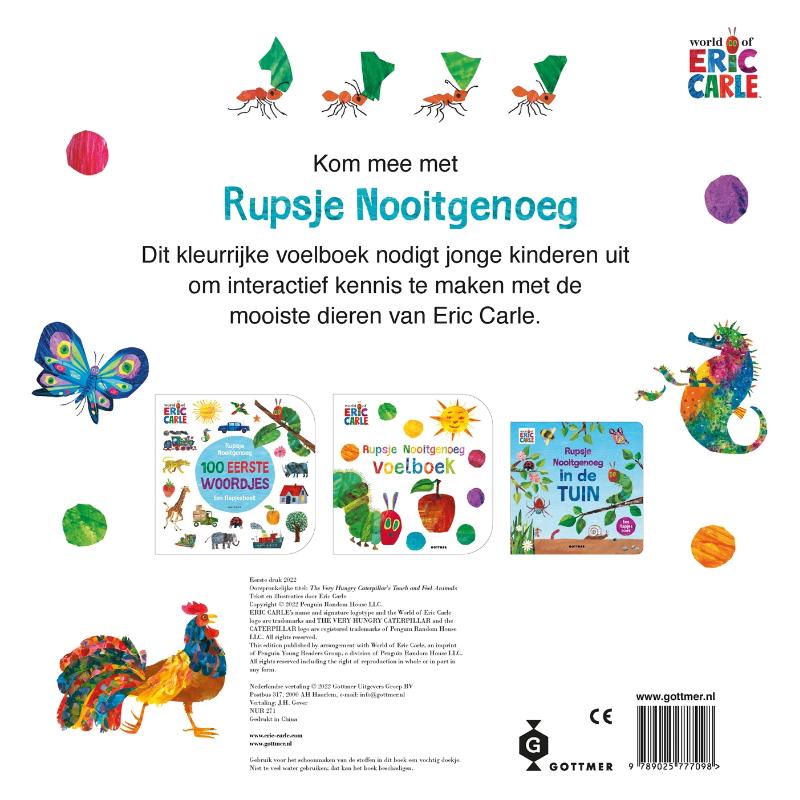 Achterkant van Rupsje Nooitgenoeg Voelboek vol dieren