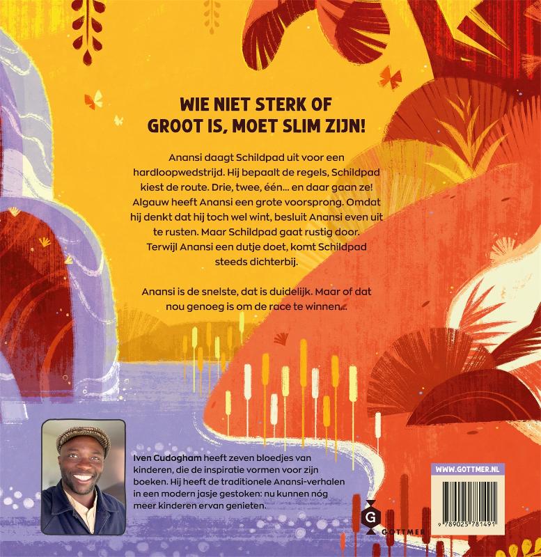Achterkant van Anansi de spin en de wedstrijd tegen Schildpad