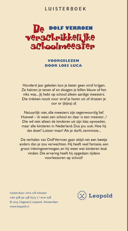 Achterkant van De verschrikkelijke schoolmeester luisterboek