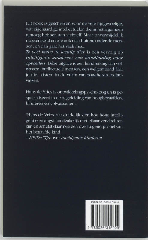Achterkant van Te veel mens, te weinig dier