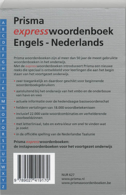 Achterkant van Prisma Express woordenboek Engels-Nederlands