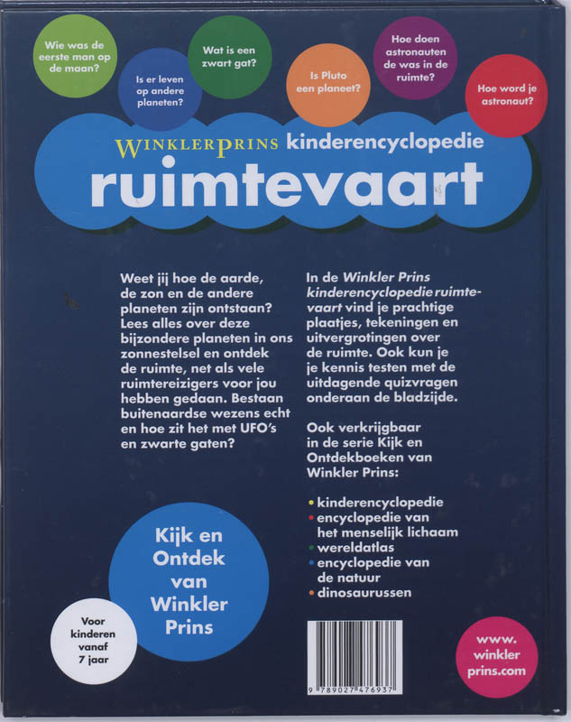 Achterkant van Winkler Prins Kinderencyclopedie Ruimtevaart
