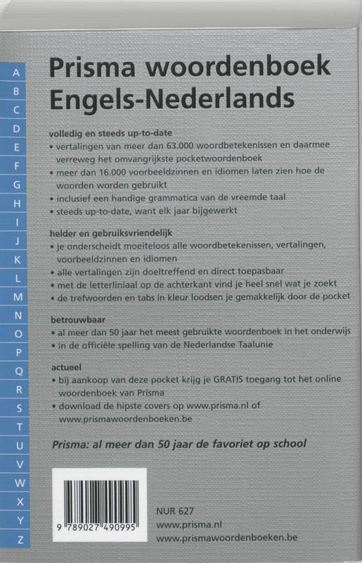 Achterkant van Prisma woordenboek Engels-Nederlands
