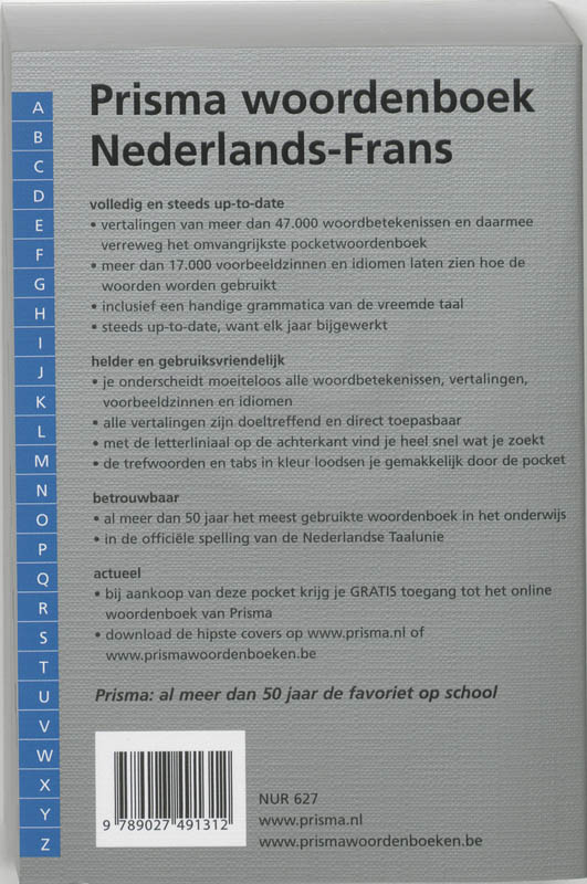 Achterkant van Prisma woordenboek Nederlands-Frans