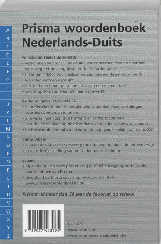 Achterkant van Prisma woordenboek Nederlands-Duits