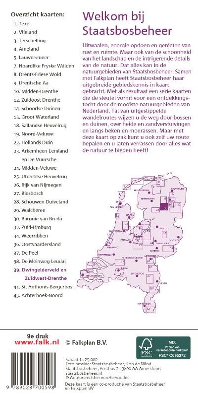 Achterkant van Falk Staatsbosbeheer wandelkaart 39 Dwingelderveld