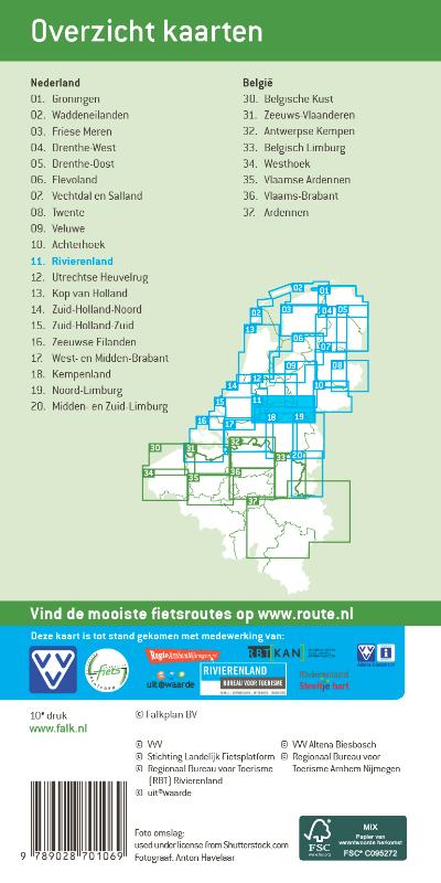 Achterkant van Falk VVV fietskaart 11 Rivierenland