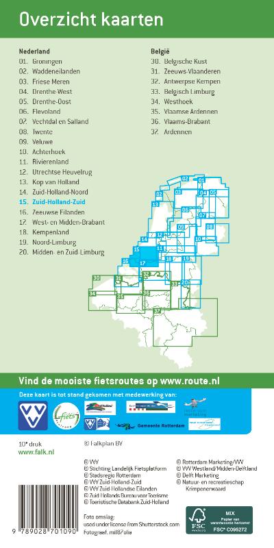 Achterkant van Falk VVV fietskaart 15 Zuid-Holland Zuid