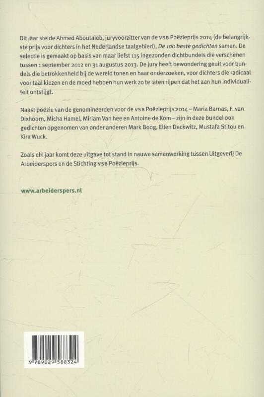 Achterkant van De 100 beste gedichten gekozen door Ahmed Aboutaleb voor de VSB poezieprijs 2014