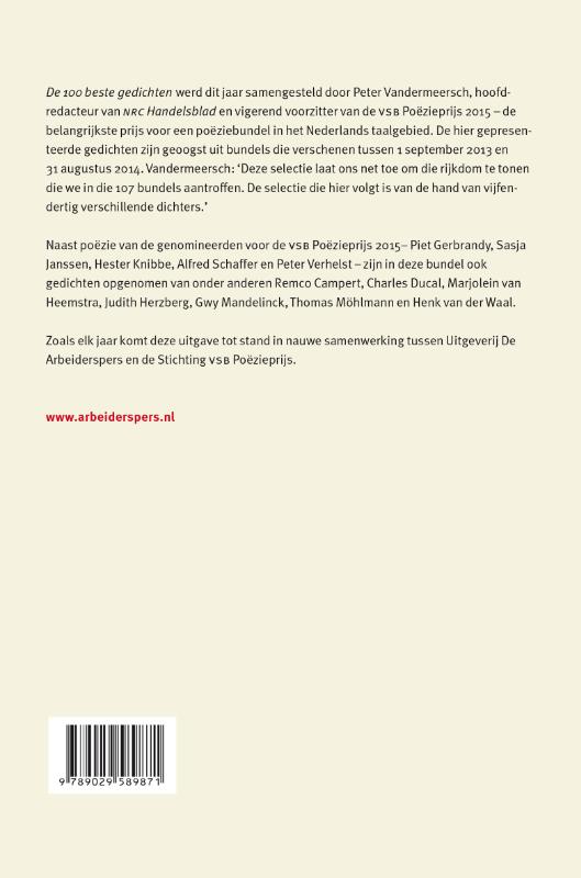 Achterkant van De 100 beste gedichten gekozen door Peter Vandermeersch voor de VSB Poezieprijs 2015