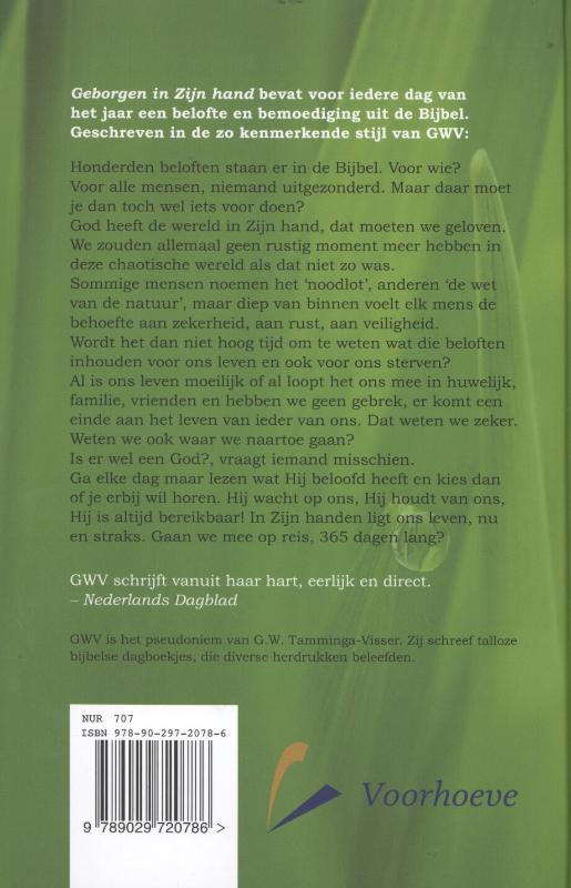 Achterkant van Geborgen in Zijn hand