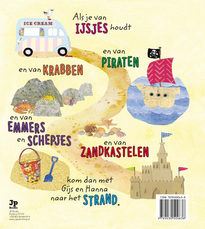 Achterkant van Gijs lawaai op het strand