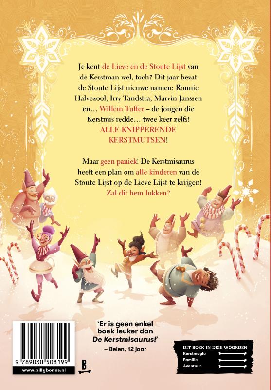 Achterkant van De Kerstmisaurus en de lijst met stoute kinderen