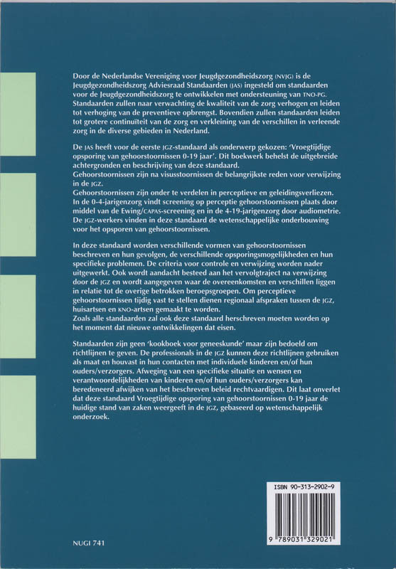 Achterkant van JGZ-standaard vroegtijdige opsporing van gehoorstoornissen 0-19 jaar