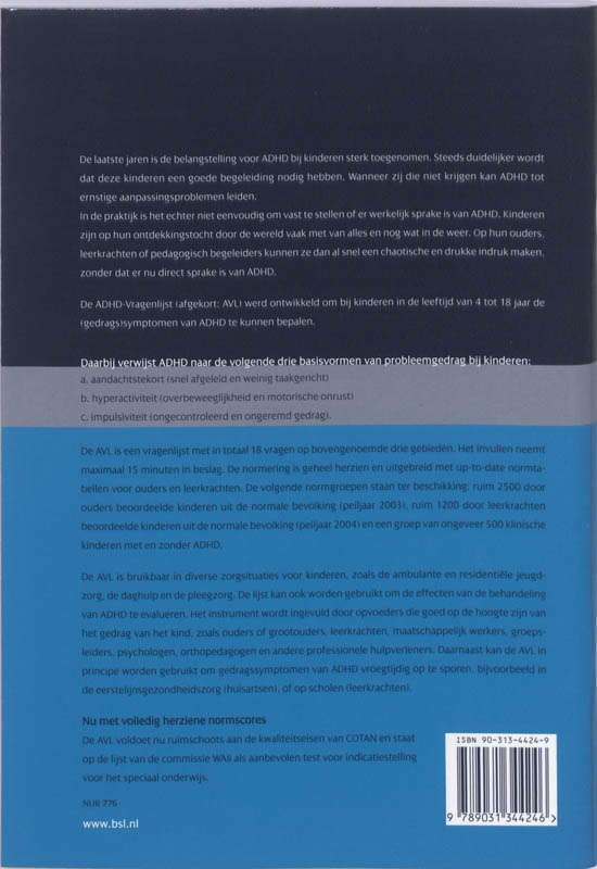 Achterkant van AVL ADHD-Vragenlijst Handleiding