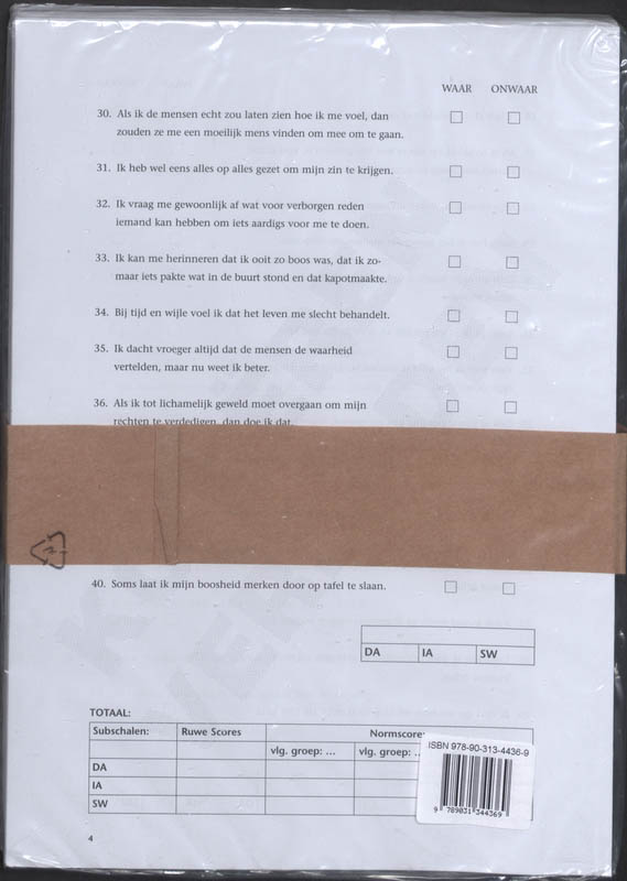 Achterkant van BDHI-D Buss-Durkee Hostility Inventory-Dutch Formulieren