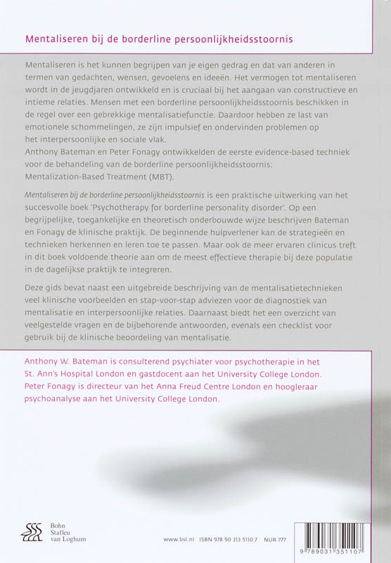 Achterkant van Mentaliseren bij de borderline persoonlijkheidsstoornis