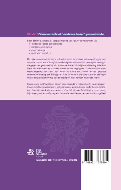 Achterkant van Pinkhof Zakwoordenboek 'evidence-based' geneeskunde